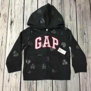 Gap Girls 2T, 3T, 4T, 5T Black Sparkle Heart Zip-up Hoodie Sweatshirt. NWT